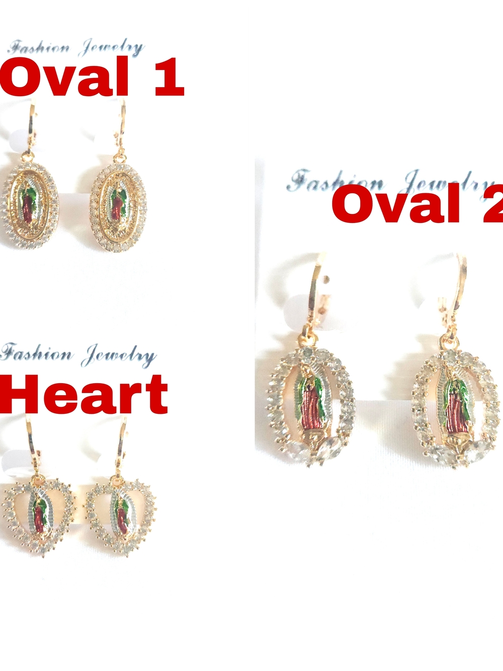 Gold Plated Oval Virgin Guadalupe Earrings with Green and Pink Accents